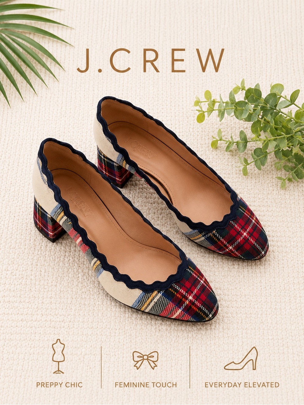 J.Crew Italian Plaid Scalloped Block Heel Pumps Size 7 Preppy Chic